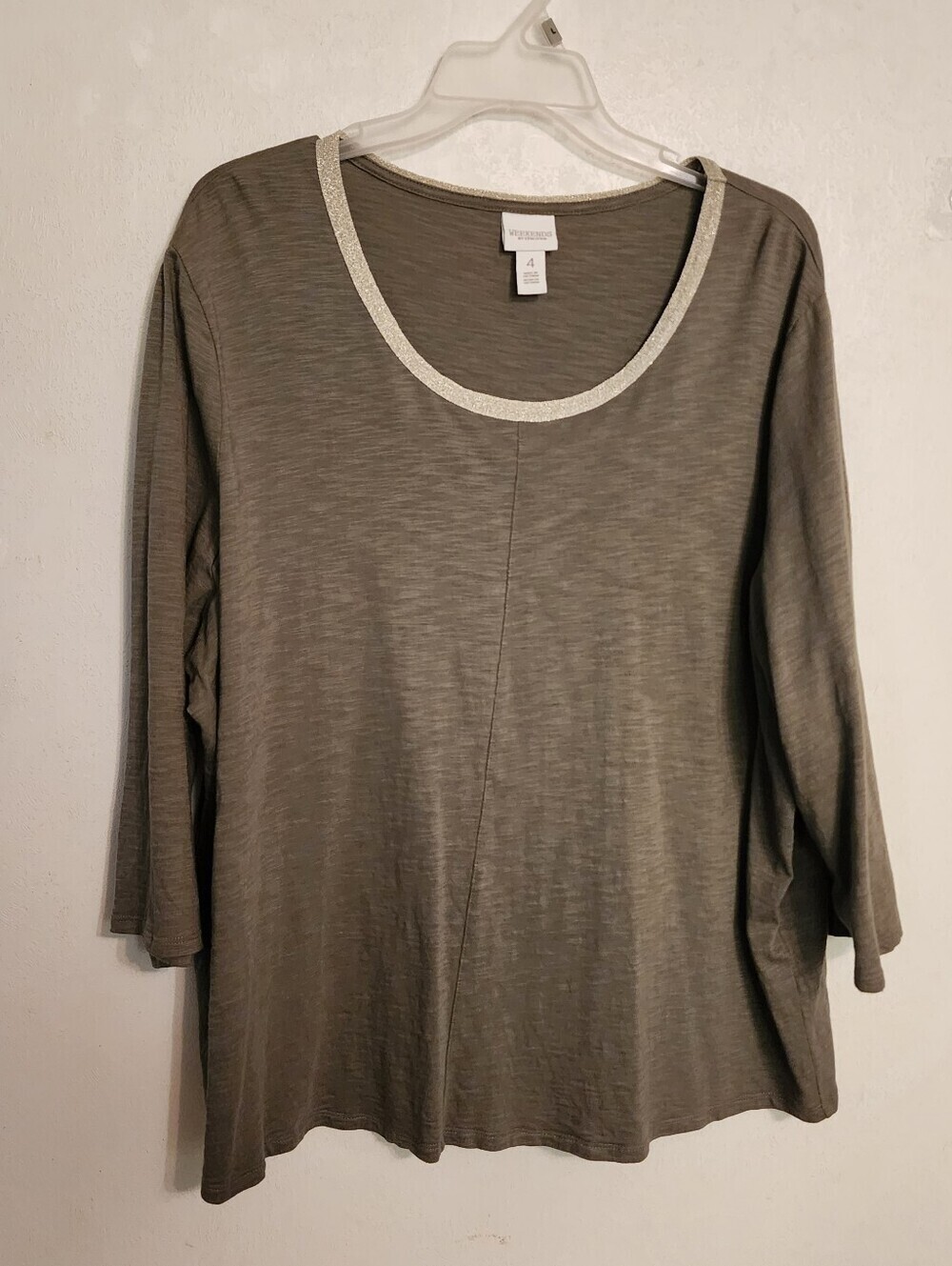 Chicos Weekends Olive Khaki Scoop Neck Metallic Trim Top Size 4 (XXL) 3/4 Sleeve